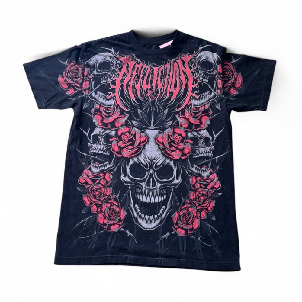 Affliction Black Tee with Pink-Red Rose & Skull Graphic